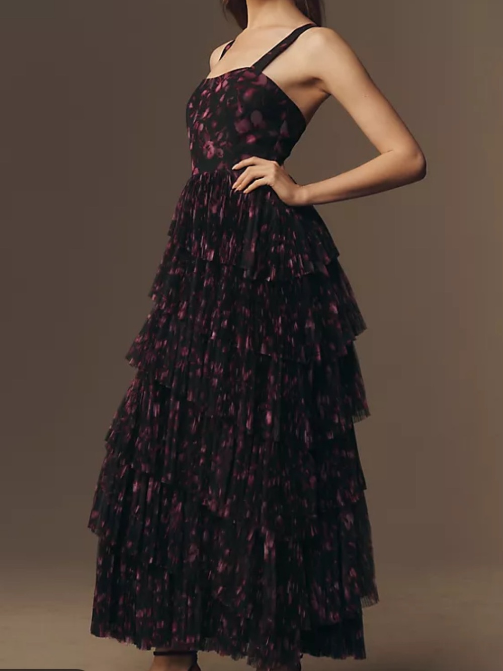 Hutch Tiered Tulle Maxi Dress Purple Watercolor Floral Ruffle Gown Size 2 NWT